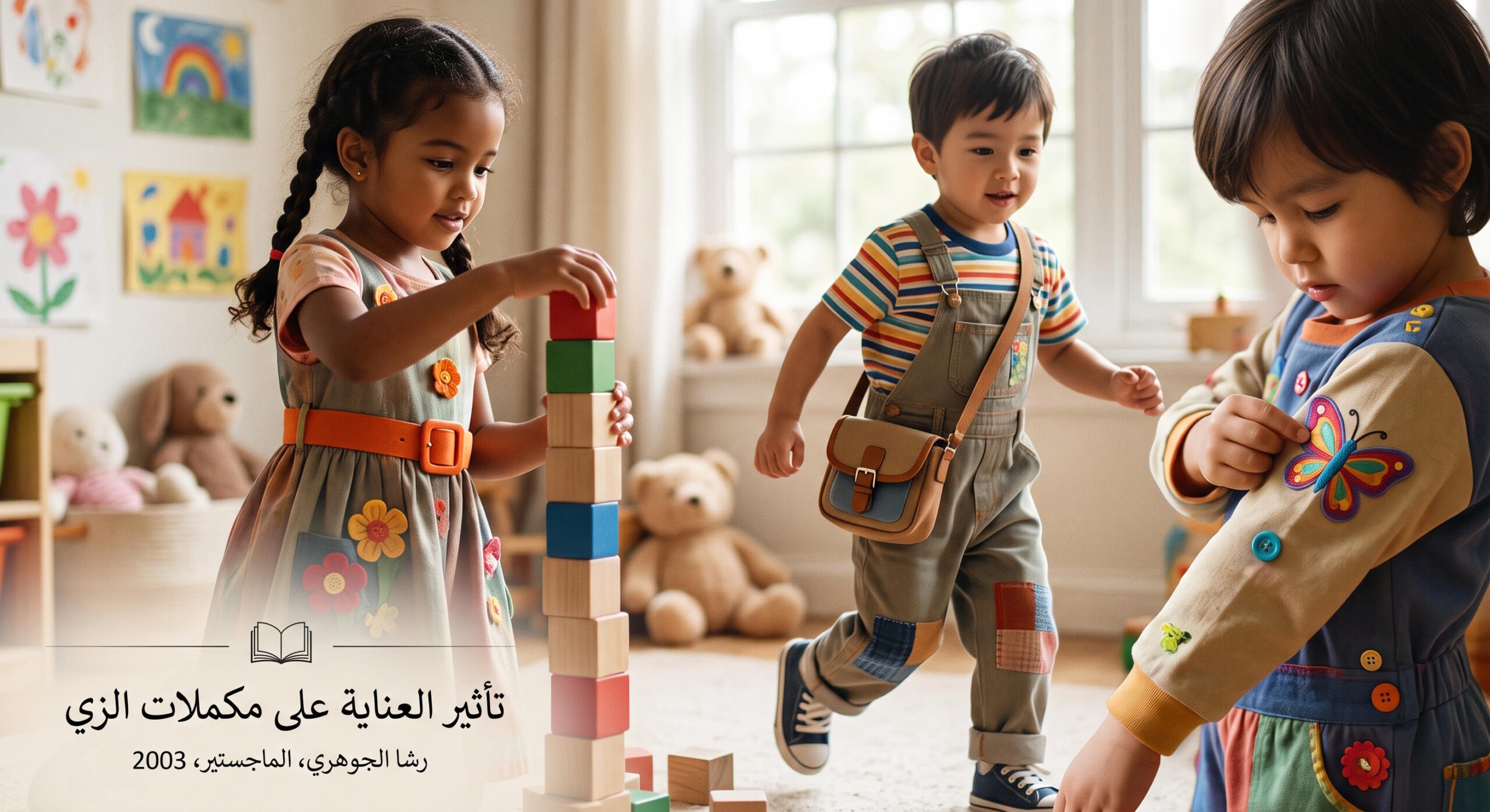 صورة توضيحية لملابس الأطفال في مرحلة الطفولة المبكرة تُظهر أهمية العناية بخامات مكملات الزي والكلف التي تعزز المظهر الجمالي والراحة أثناء اللعب.