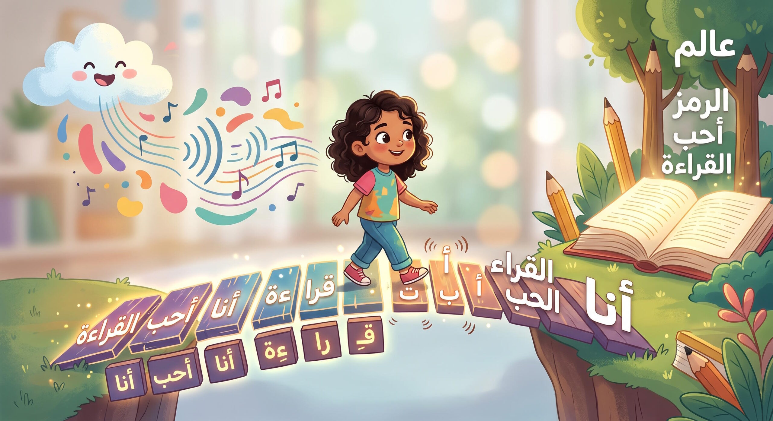 صورة تعبيرية توضح مهارات الوعي الكلامي والصوتي في مرحلة الطفولة المبكرة، حيث تعبر طفلة جسراً يربط بين الأصوات المنطوقة واللغة المكتوبة، مما يبرز أهمية هذه المهارة لتأسيس القراءة.
